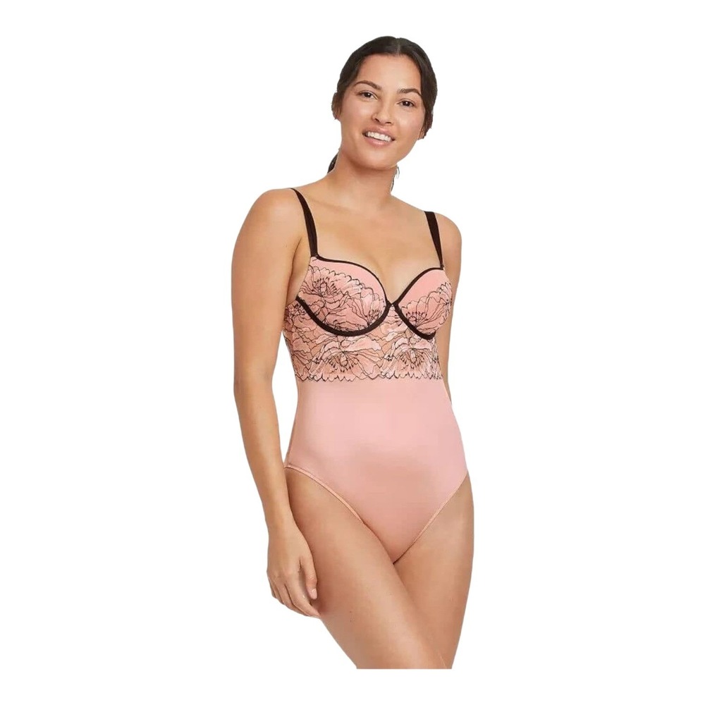 Auden Intimates Dusty Rose Black Floral Lace Underwire Bodysuit L Lingerie